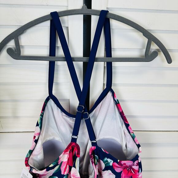 New Maxine of Hollywood Floral High Neck Double Ruffle Tankini Swim Top Size 16W - Picture 6 of 12